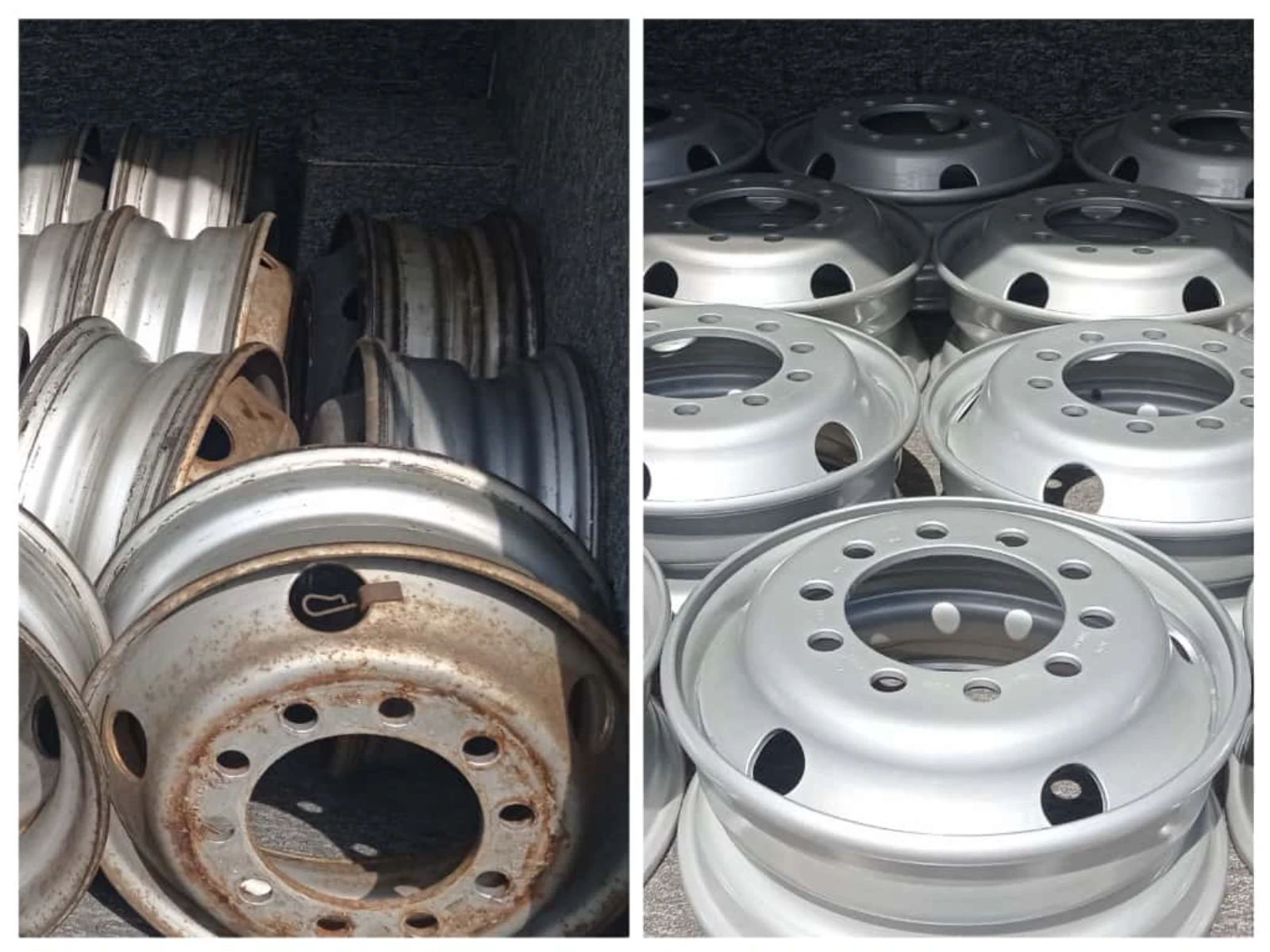 Porównanie stanu felg stalowych przed i po usłudze Lakierowanie proszkowe